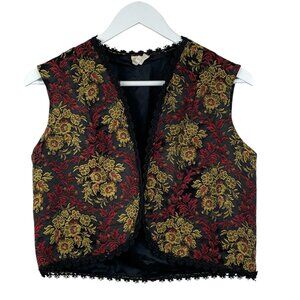 Vintage Division II Vest Womens Medium Jacquard Floral Print Cropped Black Red
